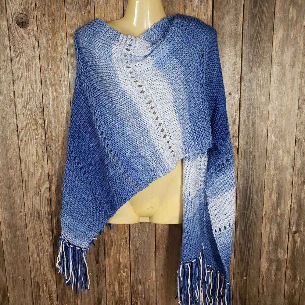NEW Blue‎ Ombre Knit Shawl Wrap Eyelet Scarf Boho Hippie Coastal Cottage Indie